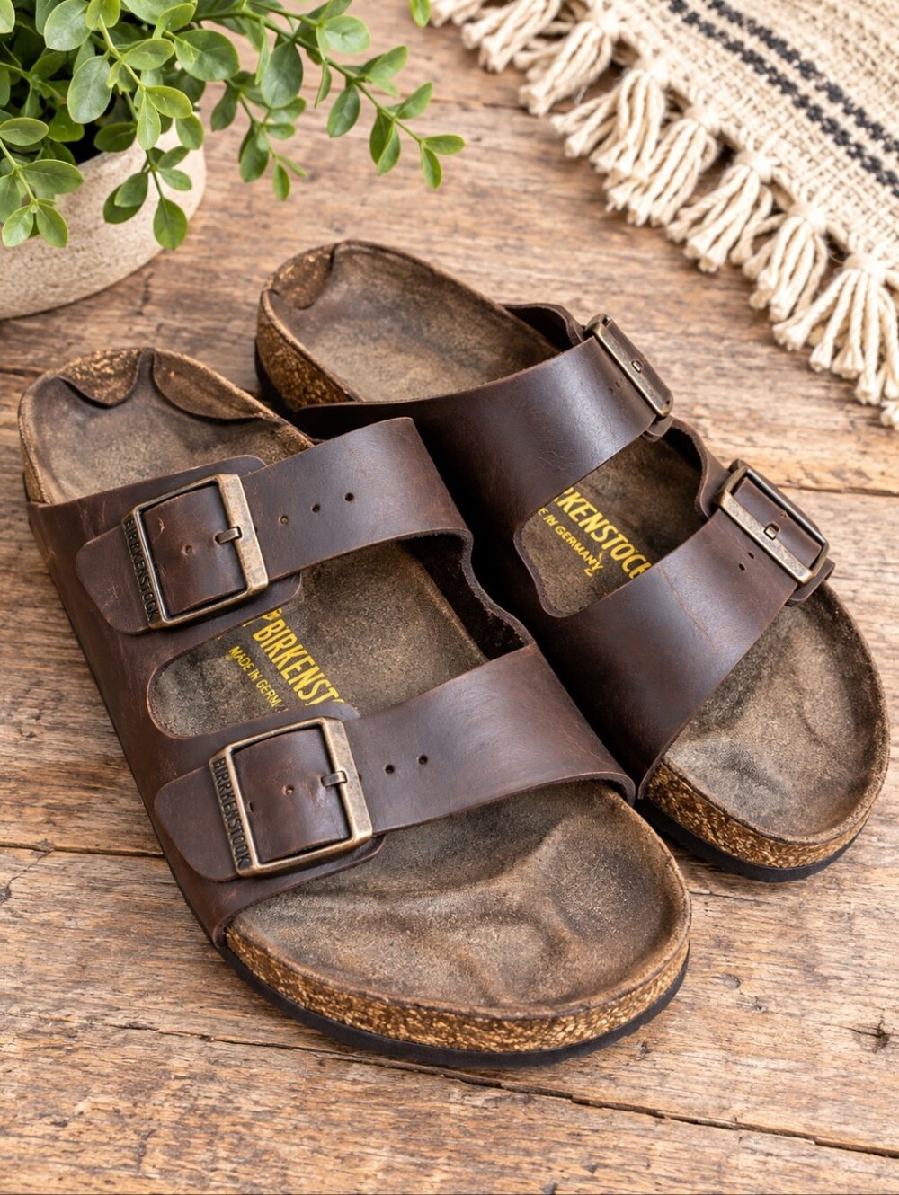 Birkenstock Arizona Brown Leather Double Strap Distressed Sandals EU 43 US 10